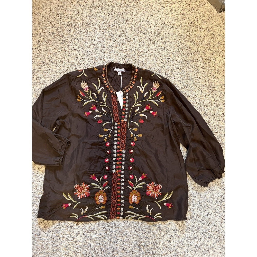 NWT Johnny Was %100 Silk XL Brown Embroidered Elastic‎ Sleeves Tunic Blouse $305